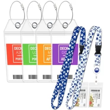 Cruise On Carnival Cruise Luggage Tag Holders [4 Pack] & Cruise Lanyard Set [2 Pack] Large Tag Holders for your Cruise Ship Luggage eTags [2022 & 2023] Clear, Plastic & Waterproof (Cruise Lanyards Blue & White)