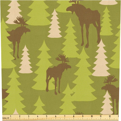 Ambesonne Deer Fabric by The Yard, Animals in The Forest Mooses and Pine Trees Pattern Canada Foliage Mammal Design, Decorative Fabric for Upholstery and Home Accents, 2 Yards, Brown Green