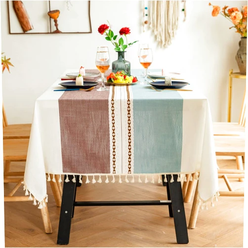 Musolaree Rectangle Tablecloth Tassel Cotton Linen Table Cloth Farmhouse Embroidery Table Cover Table Decoration for Indoor and Outdoor Party Kitchen Dinning Picnic(Blue and tan,55 * 55)