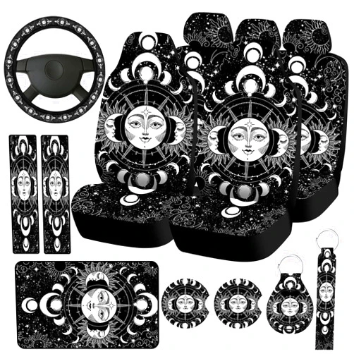 Riakrum 15 Pcs Moon Stars and Sun Car Seat Covers Full Set Thick Car Front and Back Seat Steering Wheel Seatbelt Strap Cover Armrest Pads Cup Mat Wrist Strap Key Chains for Auto Truck