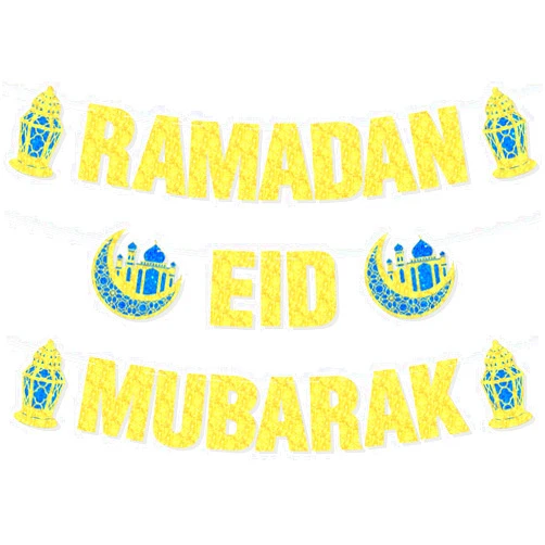Ufocusmi 2 in 1 Ramadan Mubarak Decorations Glitter Eid Decorations for Home, Islamic Muslim Ramadan Banner with Blue & Gold Moon and Lantern Sign