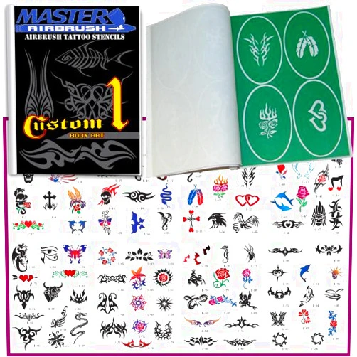 Master Airbrush Tattoo Stencils Set Book #1 Reuseable Tattoo Template Set, Book Contains 100 Unique Stencil Designs - Vinyl Sheets with a Self Adhesive Backing
