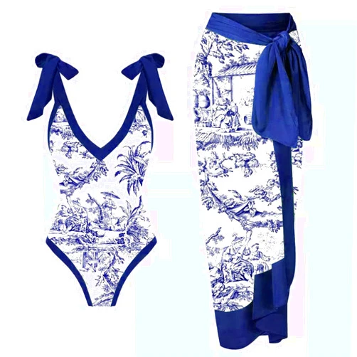 Generic Women Vintage Colorblock Abstract Floral Print 1 Piece Swimwear+1 Piece Cover UP Two Piece Vintage Print Swim Shorts Blue