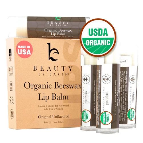 Beauty by Earth USDA Organic Lip Balm - USA Made with Natural Ingredients, 4 Pack Unflavored Chapstick for Dry Lips, Christmas Stocking Stuffers for Women & Men, Beauty Gifts for Wife, Chapstick Stocking Stuffers