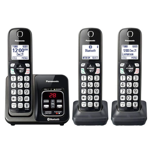 Panasonic Expandable Cordless Phone System with Link2Cell Bluetooth, Voice Assistant, Answering Machine and Call Blocking - 3 Cordless Handsets - KX-TGD663M (Metallic Black)