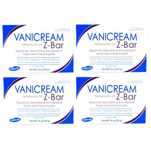 Vanicream Z-Bar Medicated Cleansing Bar, Pyrithione Zinc 2% for Seborrheic Dermatitis & Dandruff, Soap-Free, Gluten-Free, 3.5 oz (Pack of 4)