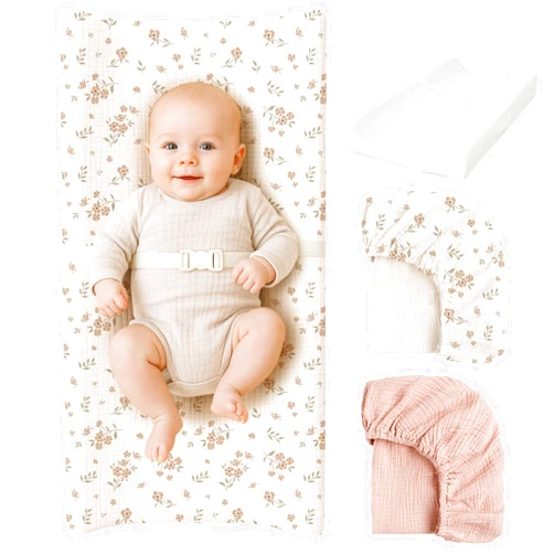 Konssy Muslin Changing Pad with Waterproof Lining Foam, Includes 2 Pack Soft & Cotton Cover, Baby Diaper Changing Pad for Dresser or Table, 32x16 inches (Blossom,Pink)