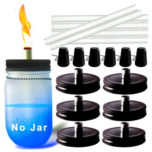Aikeve Mason Jar Tabletop Torches Kits,6 Pack Regular Mouth Lids with Protective Tube,Long Life Fiberglass Wicks and Caps,Outdoor Oil Lamp Lights for Patio Garden Camping Decor(Black)