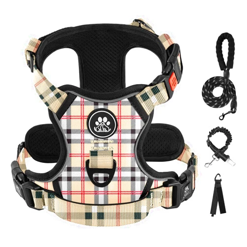 IVY&LANE No Pull Dog Harness with Leash Set, Reflective No Choke Pet Vest,Adjustable Oxford Dog Vest Harness with Easy Control Handle for Medium Lagre Dogs (Checkered Beige,M)