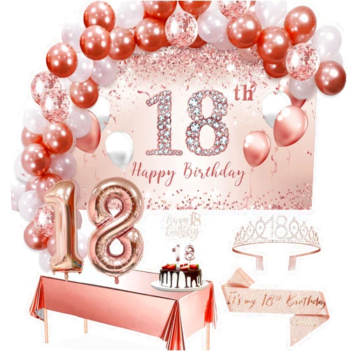 Trgowaul 18th Birthday Decorative Balloon Set Women's Arch, Rose Gold 18th Birthday Banner and Party Tablecloth, Belt and Tiara, Pink Gold 18th Balloon, Pink Birthday Cake Top, Latex Balloon * 60