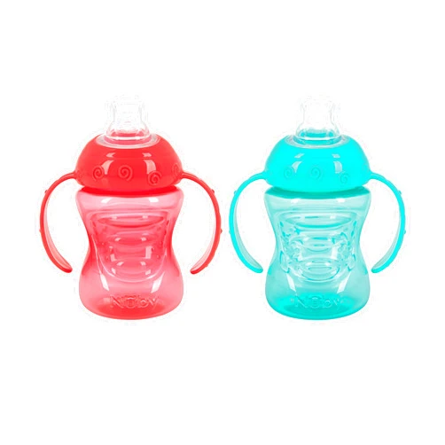 Nuby Plastic 2-Pack Two-Handle No-Spill Super Spout Grip N' Sip Cups, 8oz, Coral and Aqua
