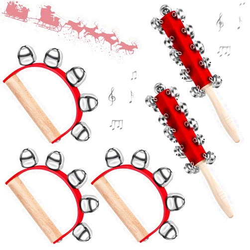 VIHOSE 5 Pieces Christmas Hand Jingle Bells Red Wooden Handle Bells Jingle Shaker Sleigh Bell Christmas Shaker Bell Rattle Musical Bell Instruments for Christmas Birthday Party Decoration