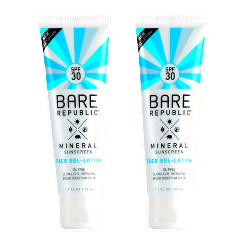 Bare Republic Mineral Gel Sunscreen SPF 30 Sunblock Face Lotion, Light and Hydrating Skin Care, 1.7 Fl Oz Each, 2 Pack