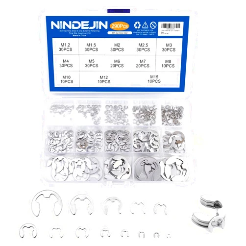 NINDEJIN E-Clip Retaining Rings Assortment Set, 304 Stainless Steel External Snap Ring Clip Kit, 1.2-15mm(13Sizes)E Circlip Retainer Rings for Projects–Car Engines, Locking Mechanisms and Other Shafts