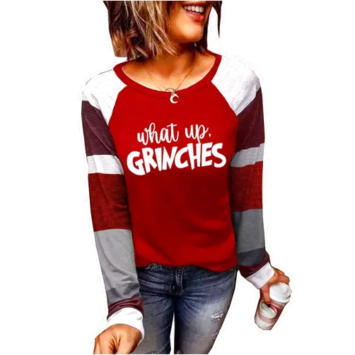 MHTOR What Up Color Block Baseball T-Shirt for Women Christmas Casual Splicing Long Sleeve Shirt Tops Blouse