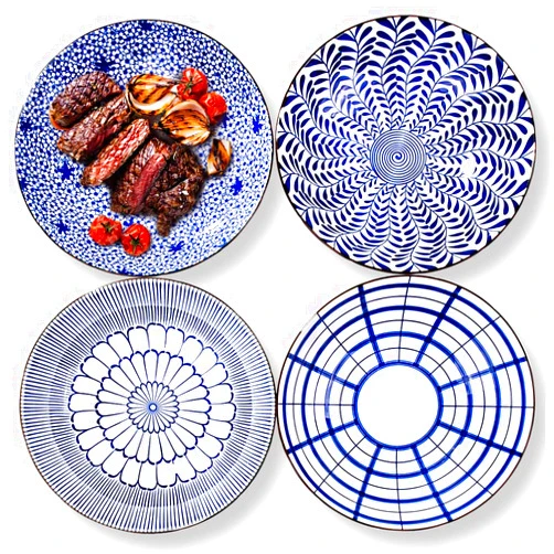 LMRLCS Japanese Dinner Plate Set of 4, 8 Inch White and Blue Ceramic Large Appetizer Plates for Pasta Dessert and Salad Microwave Oven and Dishwasher Safe