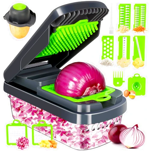 Yusshn Vegetable Chopper,12-in-1 Multifunctional Food Chopper,Professional Onion Chopper with 7 Blades,Vegetable Cutter with Container for Salad,Potato,Carrot,and Garlic; Essential Kitchen Tool(Grey)