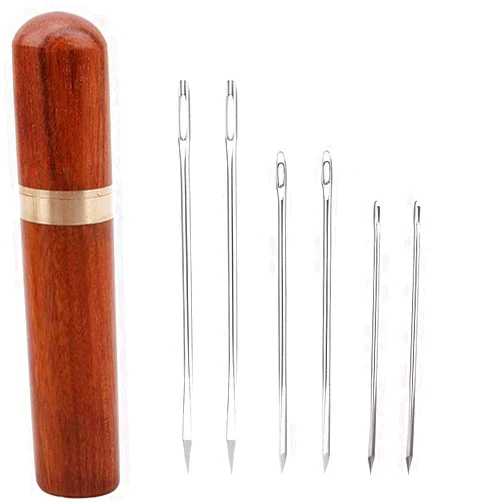yklbpd 6 Pieces Sharp Leather Large Eye Needles Triangular Needles Canvas Carpet Needles with Solid Wood Sewing Needle Case