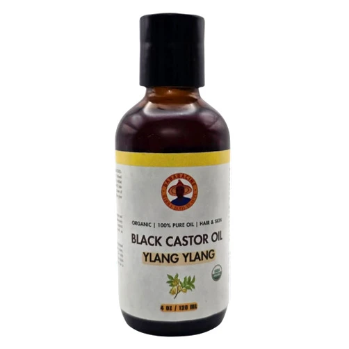 BABARACINE Organic Black Castor Oil with Ylang Ylang for Hair, Eye Lashes and Skin | 100% Pure, Cold Pressed, Unrefind | Whole Body Moisturizer | Glass Bottle 4 Oz