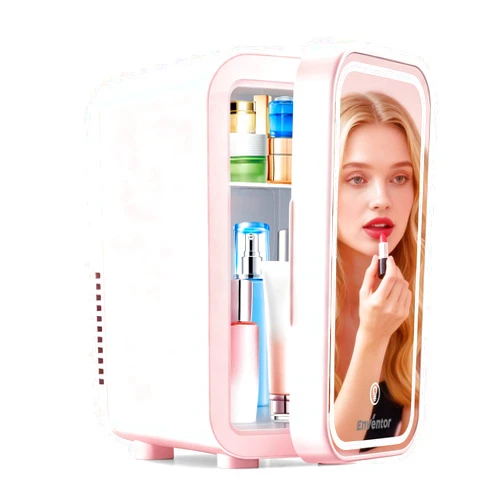 Enventor Mini Skincare Fridge Small Refrigerator for Bedroom, Beauty Fridge for Makeup with Dimmable LED Mirror, 6 L / 8 Cans Compact Portable Cooler for College Dorm, Office, Car, Pink