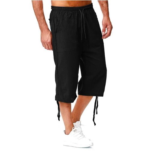 BETORY Men's Linen Cotton Capris Cropped Shorts 3/4 Below Knee Relaxed Fit Drawstring Sweat Shorts Summer Beach Yoga Shorts