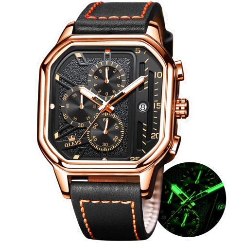 OLEVS Square Watches for Men Brown Leather Chronograph Fashion Business Watch Luminous Waterproof Casual Wrist Watches