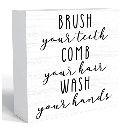 Sahjzk Wash Your Hands Wooden Box Sign - 5x5 Inch Farmhouse Bathroom Decor, Rustic Restroom Sign for Toilet Tank, Funny Bathroom Gift