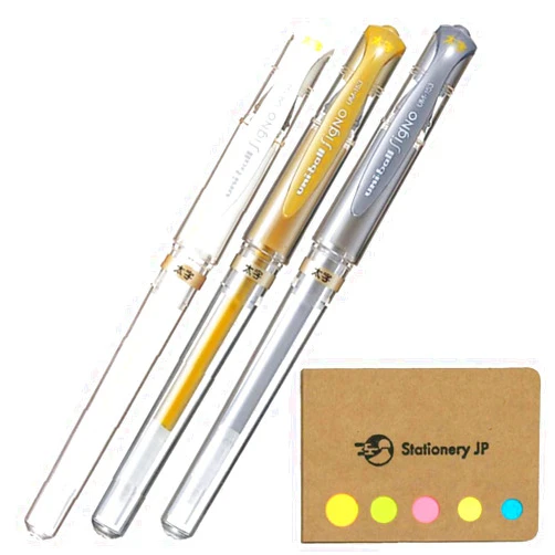 Stationery JP Signo Capped Gel Ink Pen, UM-153, Bold Point 1.0mm, White, Gold, Silver, 3 Colors, Sticky notes Value Set