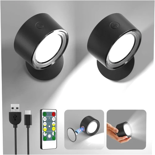 Lightbiz LED Wall Mounted Lights 2 Pcs with Remote, Wall Sconces Lamp 3000mAh Rechargeable Battery Operated, 3 Color Temperatures & Dimmable Magnetic 360° Rotation Cordless Light for Bedroom Bedside