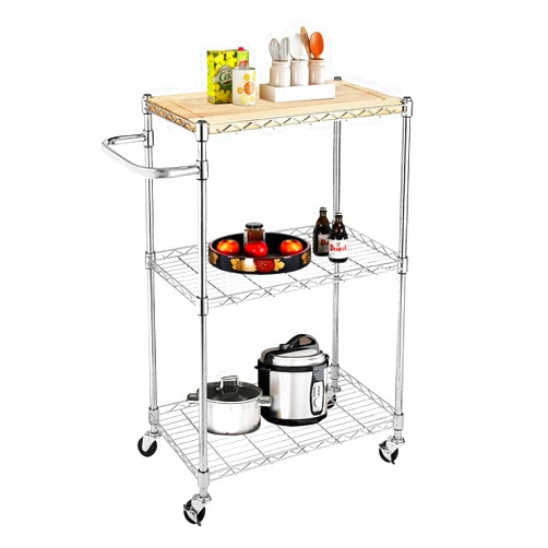 Loyaltaling Kitchen Storage Carts, 3-Tier Wire Rolling Kitchen Cart, Food Service Cart, Microwave Stand, Bar Cart Oak Cutting Board and Chrome Kitchen Stand Microwave Cart Coffee Table