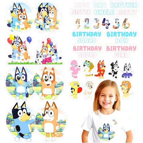 SIIHENRRY Birthday Iron on Decals for Family Members T-Shirts, Cute Cartoon Heat Transfers Vinyl, Blue Dog HTV Vinyl Iron on/Direct to Film Decals for Kids to Adult Boys Girls Birthday Party Decorations