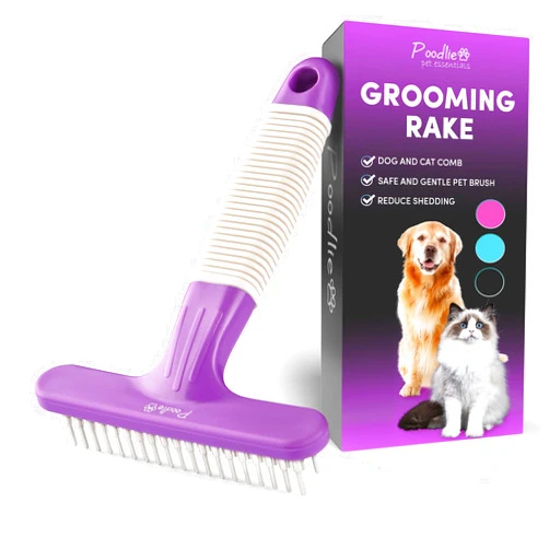 POODLIE Poodle Pet Dog Grooming Rake| Dematting Tool with Stainless Steel Shedding Comb for Pets | 2 Rows of Pins Gently Remove Loose or Tangled Hair from Undercoat | Purple Handle