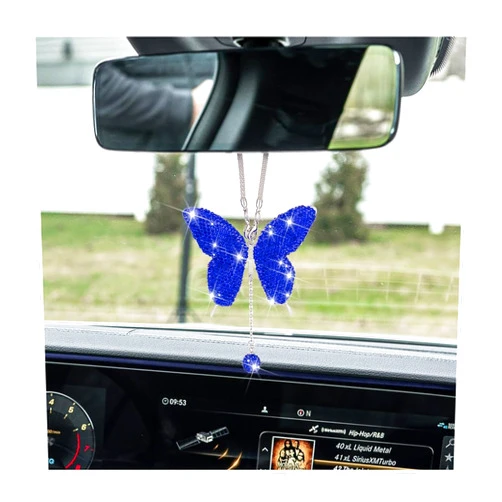XINLIYA Bling Butterfly Diamond Car Accessories, Crystal Car Rear View Mirror Charms for Women, Car Decoration Lucky Gifts Hanging Interior Crystal Ornament Pendant Decor for All Cars （Dark Blue）
