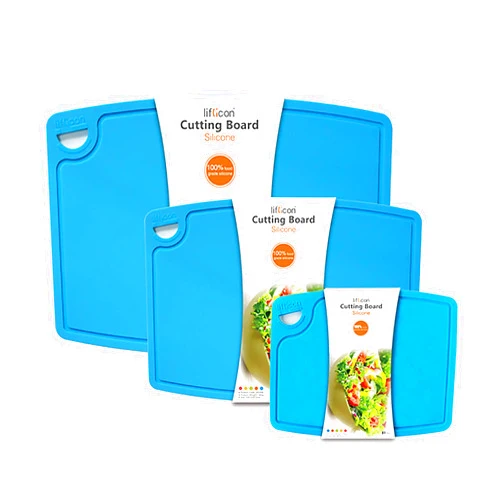 Liflicon Silicone Thick Cutting Boards Mats Set of 3pcs Foldable & Flexible Design Juice Grooves Easy Grip Handle Dishwasher Safe for Kitchen,BPA free Chif-Blue