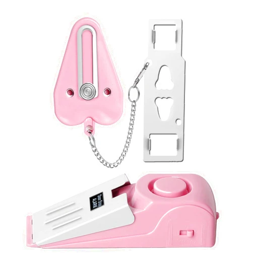 HNHMT Portable Door Lock & Door Stop Alarm Set, Dual Protection Home Security Door Kit, Travel Hotel Door Lock Devices Pocket Self Defensey Tools for Traveling Hotel Home Apartment,Pink