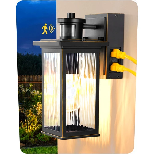 EDISHINE Outdoor Wall Light with GFCI Outlet, Dusk to Dawn Exterior Light Fixture with Water Ripple Glass, Waterproof Outside Motion Sensor Wall Lantern Sconce for Porch Front Door Garage Patio