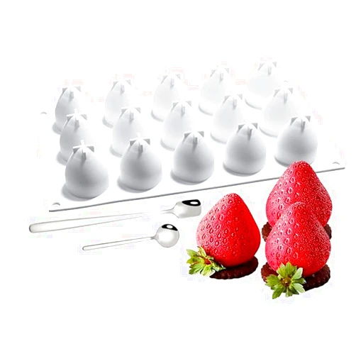 LIFETOOLS-LT 3D Big Strawberry Shaped Silicone Mold & 2 Dessert Spoons,for Baking Creative Mousse Cake Topper Dessert Cup Decoration Chocolate Truffle Pastry Fruit Ice Cream Polymer, Resin Model Clay Soap; D10