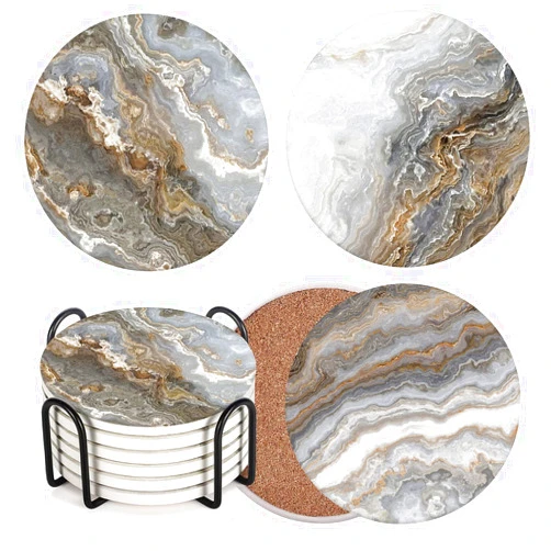 Britimes Coaster for Drinks Set of 6, Grey Marble Golden Stone Agate Table Absorbent Round Ceramic Stone Mat, with Cork Base and Metal Holder, Gift for Housewarming Room Bar Decor