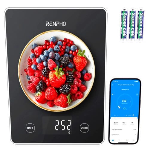RENPHO Kitchen Scale, Smart Food Scale with Nutritional Calculator, Food Weight Scale Grams and Ounces, Digital Gram Scale for Cooking Baking Keto Marco Diet, Black Glass, 22lb/10kg