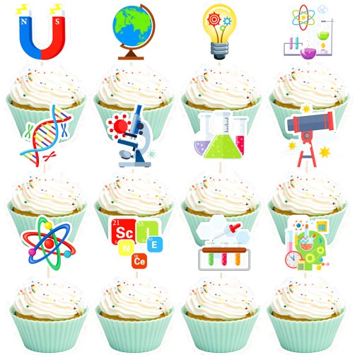 Whaline 48Pcs Science Party Cupcake Toppers Cartoon Cupcake Dessert Topper Picks Cupcake Decoration for Baby Shower Birthday Party Decoration Supplies