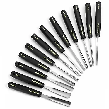 Yellowhammer Full Size Wood Carving Tools 12 Piece Set - Gouges and Chisels for Beginners, Hobbyists and Professionals featuring Beech Handles, Alloy Chromium Vanadium Steel Blades and Attractive Case