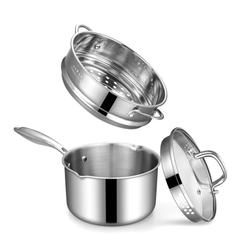 Cyrosa Tri-Ply Stainless Steel Sauce Pan with Steamer Basket & Straining Glass Lid— 2-in-1 Multi-Function Pot for Steaming, Boiling & Simmering — Healthy, Durable, Rust-Resistant, Professional-Grade Cookware