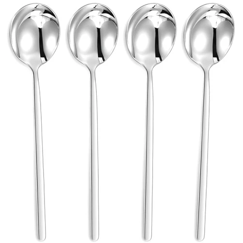 KEAWELL Premium Korean Soup Spoons with Long Handles, Set of 4, 18/10 Stainless Steel, Dishwasher Safe (Plain)