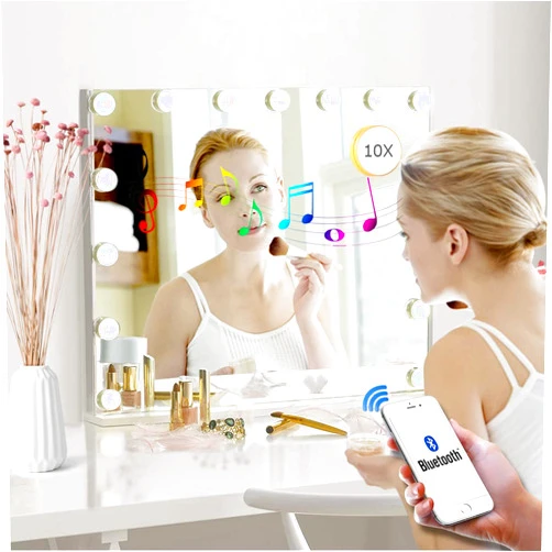 Filytop Vanity Mirror with Lights,10X Magnification,Large Hollywood Bluetooth Lighted Vanity Mirror with 15 LED Bulbs & Speaker,3 Color Modes,Touch Control for Tabletop or Wall-Mounted(23in)