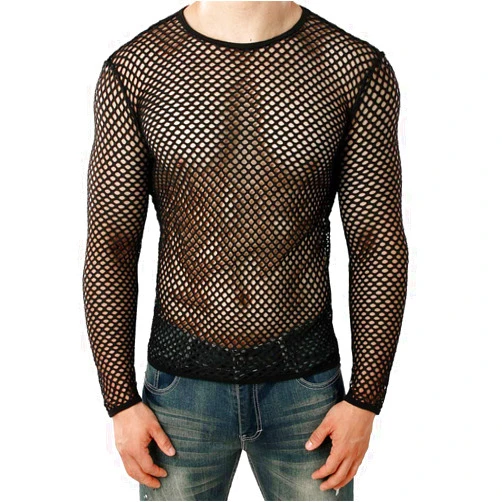 VOWUA Men's Mesh See Through Fishnet Shirts Muscle Pullover Long Sleeves Crew Neck Casual Clubwear Blouse