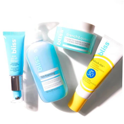 Bliss Skin Bliss Starter Kit 4pc Set: Fab Foaming Exfoliating Cleanser, Drench & Quench Moisturizer, Block Star Daily Mineral SPF 30, Eye Do All Things Brightening Eye Cream