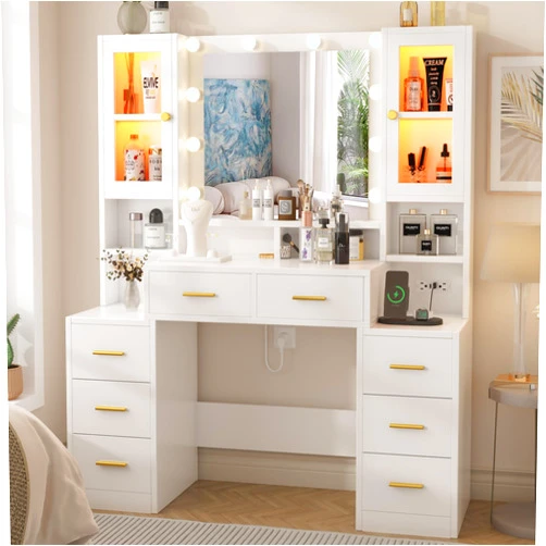 Likein Vanity Desk with Mirror and Lights, Makeup Vanity Dressing Table with RGB Storage Cabinets, 8 Drawers&10 Lights, Charging Station, White Vanity with 3 Color Modes Adjustable for Bedroom Girls