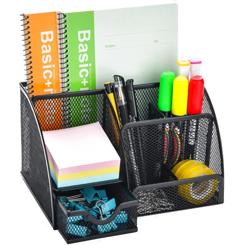 Generic Mesh Desk Organizer Caddy, Utopiks Office Supplies Set with 6 Compartments & 1 Drawer for School, Study & Work Use, Black