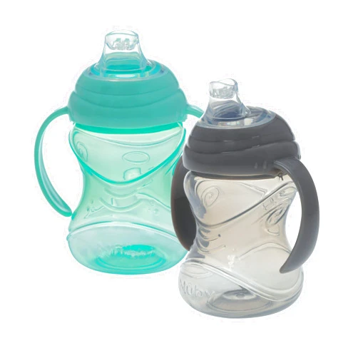 Nuby No-Spill Grip N’ Sip 10oz Trainer Cup with Silicone Soft Flex Spout, 2 Handle with Clik-It Lock Feature, 2 Pack, 4+M, Neutral Colors
