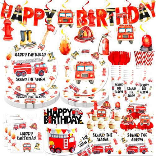 Cocomigo 177pcs Firetruck Birthday Decorations Include Fire Truck Plates and Napkins Set, Banner, Hanging, Tablecloth, Cake Topper, Cupcake Topper, Centerpieces, for Firefighter Party Decorations, Serve 25
